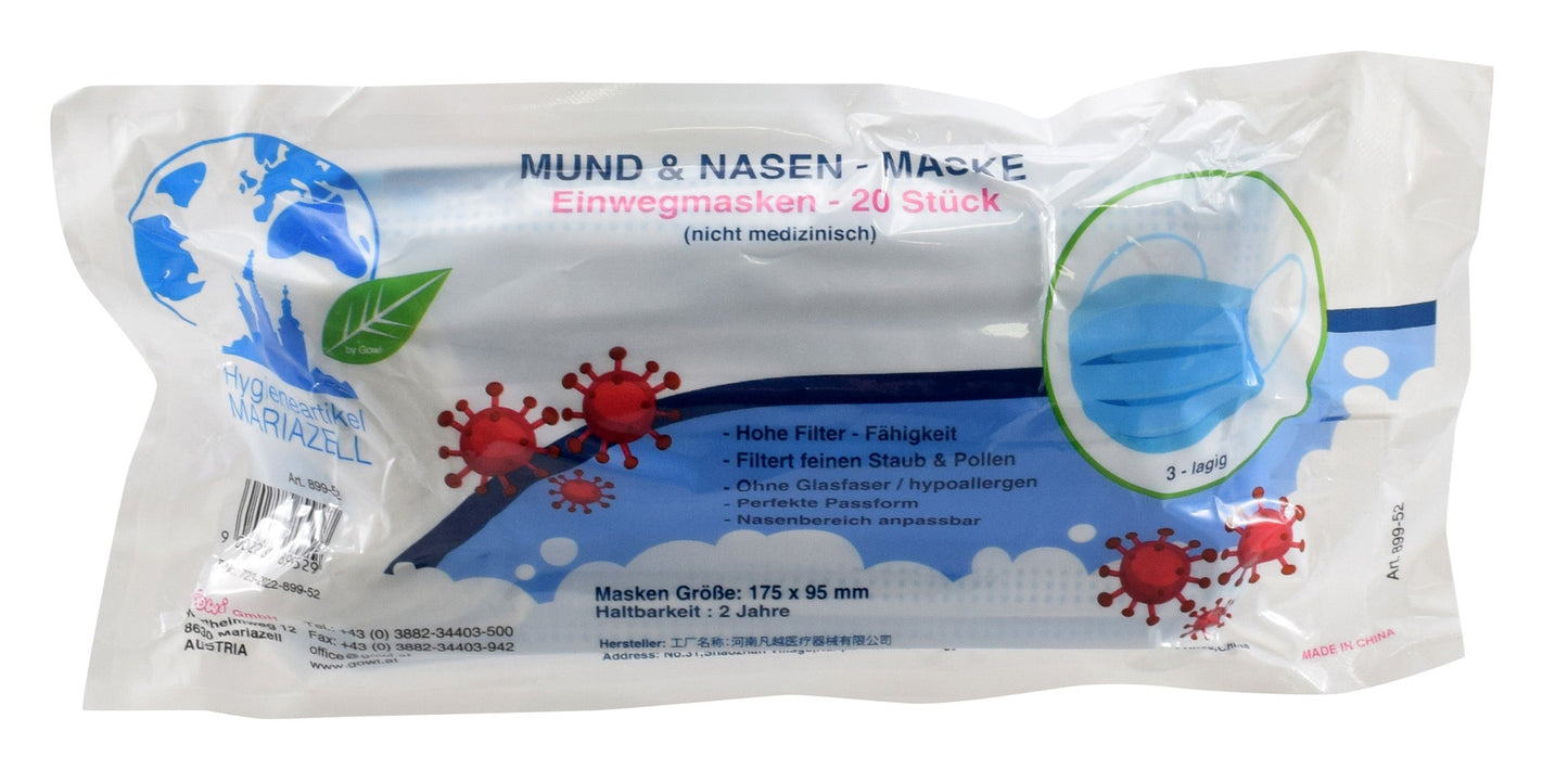 Einwegmasken - Erwachsene - Set 20 Hygieneartikel Mariazell BLS GmbH, Kopernikusstraße 1, 74670 Forchtenberg; Kontakt: mail@bls.de